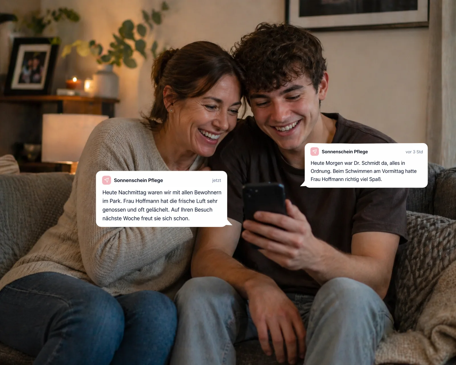 KI-generiertes Bild: Familie liest gemeinsam Updates vom Pflegedienst