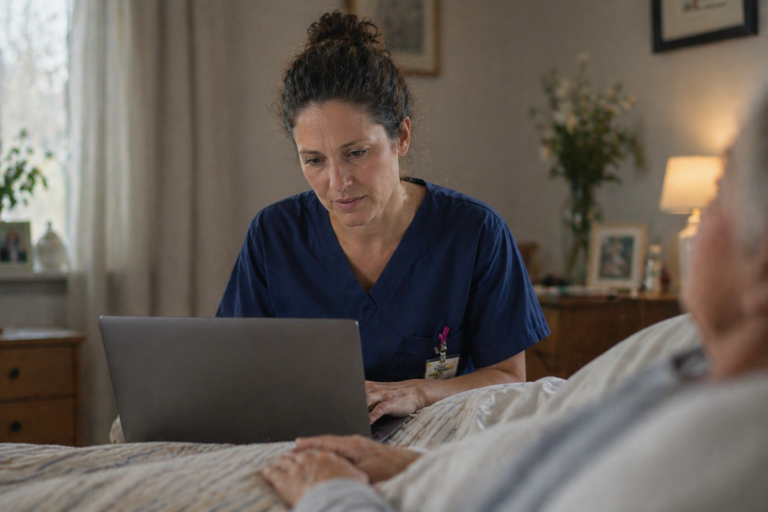 Pflegekraft dokumentiert am Laptop am Patientenbett